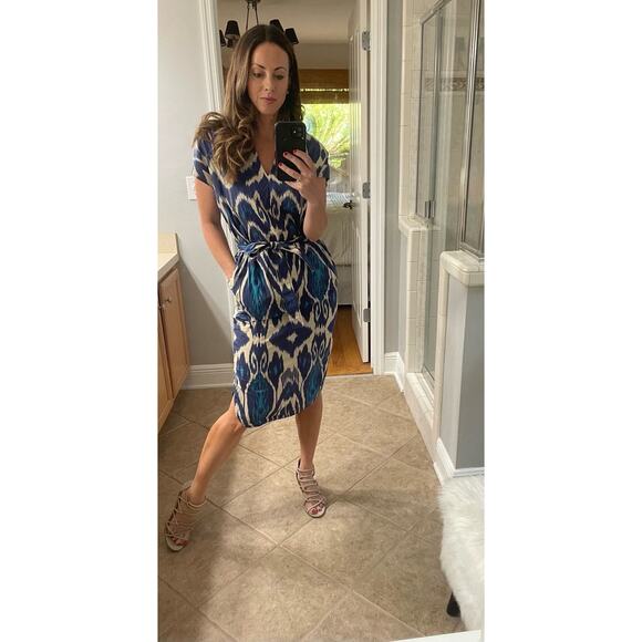 VANESSA BRUNO Blue Printed 100% Cotton V-Neck Belted Amarillo Dress Size 42 - Picture 12 of 12